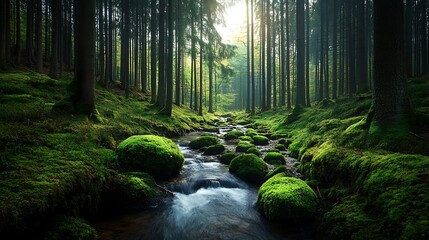 Obraz premium A tranquil forest with a stream flowing through moss-covered rocks