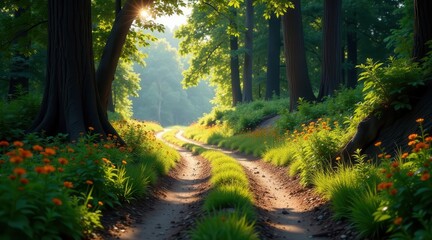 Fototapeta premium Sunlit Woodland Path A Serene Dirt Road Winding Through Lush Greenery and Vibrant Orange Blossoms