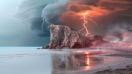 Dramatic Lightning Strikes Over Rocky Coastline Under Stormy Sky