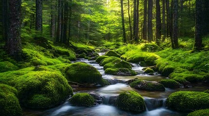 Obraz premium A tranquil forest with a stream flowing through moss-covered rocks