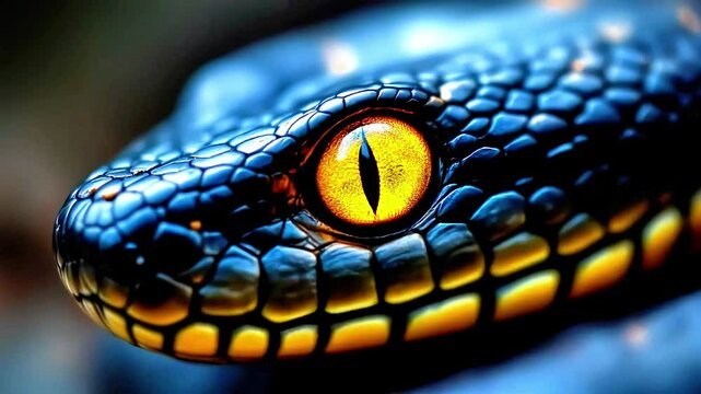 Close up of a snake with blue scales and a bright yellow colored eye