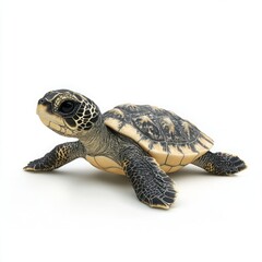 Obraz premium A cute baby sea turtle crawling, soft shell texture, hyper-realistic, isolated on pure white background.