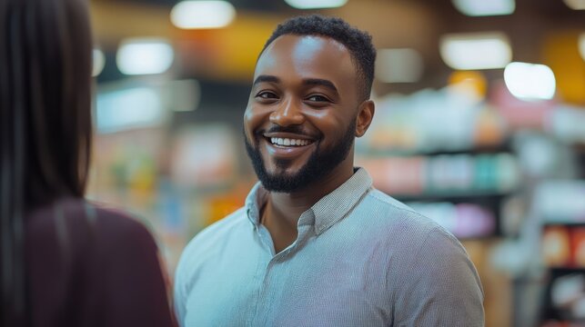 A customer happily walking out of a store with a purchase, thanking the service representative for the exceptional support.