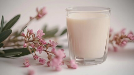 A glass cup of milk with Australian native wild flower pastel pink Geraldton Wax chameleucium uncinatum on white vintage background