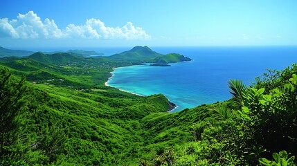 Fototapeta premium Lush Island Coastline with Caribbean View.