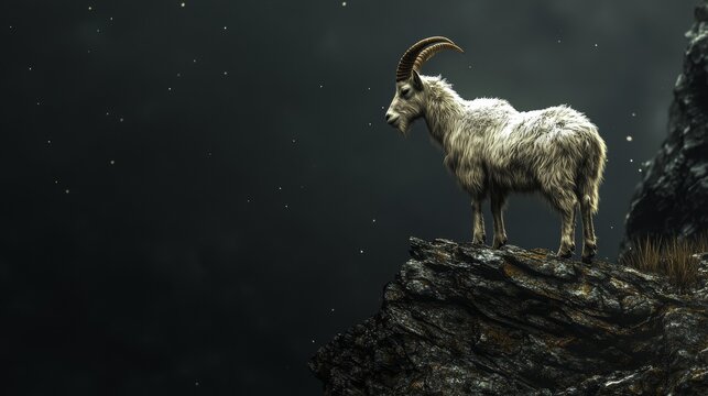 Big Horn Alpine Ibex In The Black Background