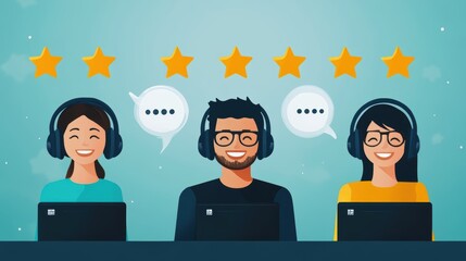 A visual representation of a customer service agent answering queries efficiently, with smiling customer avatars and positive stars above them.