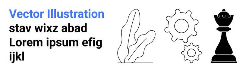 Chess piece symbolizing strategy, gears representing process, abstract plant design for creativity. Ideal for innovation, teamwork, leadership, planning, motivation, productivity simple landing page