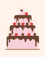 illustration of chocolate cake with cherry, Happy birthday cake for greeting day concept.