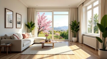 Serene Living Room with Blossoming Tree View and Sunlight Streaming Through Large Windows