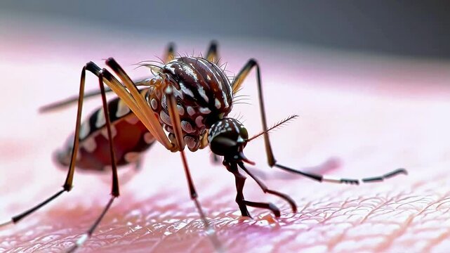 Close up of aedes mosquito biting skin showing proboscis and legs