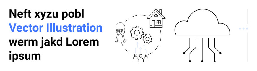 Cloud with connection lines, gears, key, house symbolizing innovation, digital transformation, smart home. Ideal for technology, networking, IoT automation security data management simple landing