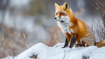 Fototapeta premium A curious red fox standing on a snowy hill, gazing into the distance.