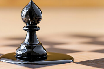 Black Chess Bishop on Wooden Board Close Up
