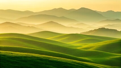 Fototapeta premium Sunrise over rolling green hills and mountains.