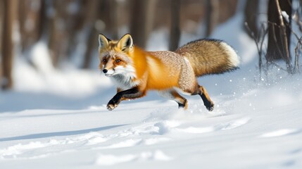 Fototapeta premium A red fox dashes through the snowy forest, leaving delicate paw prints behind.