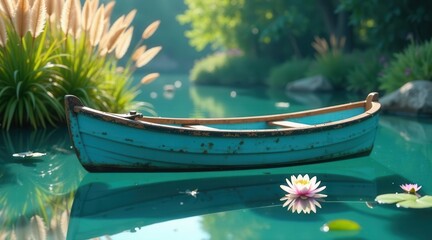 Serene teal rowboat gently floats on a tranquil pond, surrounded by lush greenery and delicate water lilies reflecting the sun's soft morning light