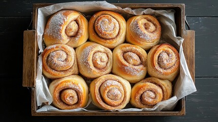 Cinnamon rolls in a wooden box