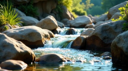 Fototapeta premium Serene River Flowing Over Smooth River Rocks in a Tranquil Natural Setting