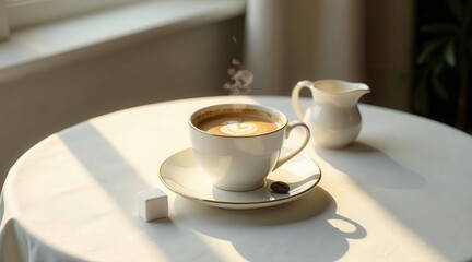 Warm Morning Light Illuminates a Steaming Cup of Latte Art Coffee on a Table with Creamer