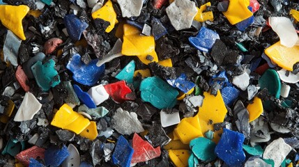 A close-up of recycled plastic flakes, sorted by color and size.