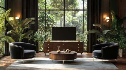 Elegant living room features dark furniture and lush greenery