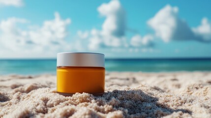 Cosmetic glass jar spf 50 on beach, beige sand background. Concept beauty advertising brochure, mockup and flat lay
