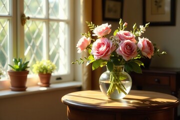 Fototapeta premium Sunlit Bouquet of Delicate Pink Roses in a Glass Vase on a Wooden Table Beside a Window
