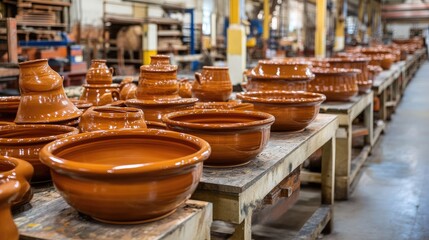 Fototapeta premium A factory line producing ceramic cookware with heat-resistant properties.