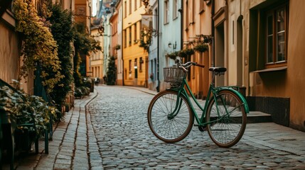 Fototapeta premium Green retro bike parked on a European city street. A vintage old classic bicycle handlebar and a wheel. An element of an eco-friendly vehicle for commuting around town. Hipster style bike outdoors.