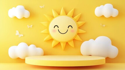 3D Rendering: Cute Sun & Cloud Podium Background for Product Presentation - Modern Yellow Background with Copy Space, Childlike Style, Simple Design