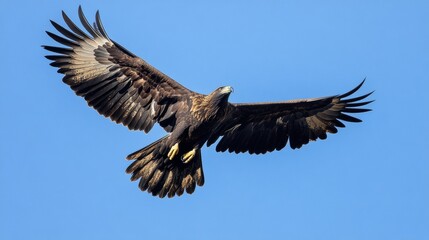 Fototapeta premium Australian Eagle (Aquila audax - Wedge-tailed Eagle) in flight against a blue sky