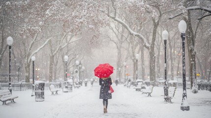 Woman with red umbrella walking through black and white landscape during nor’easter snow storm in Washington Square Park, New York City