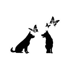 A black and white vector illustration of a curious dog gazing at a butterfly fluttering nearby on a white background