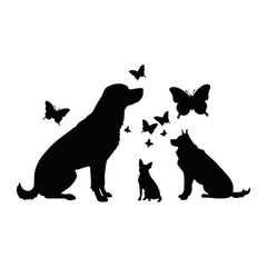 A black and white vector silhouette of a dog sitting calmly while a butterfly rests on its nose on a white background