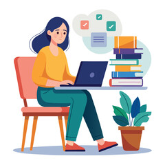 a woman is using his laptop sitting on a chair looking in the laptop  colourful vector on a white background