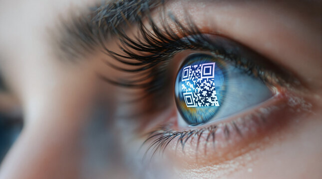 A close-up of the eye of a successful businesswoman with an integrated QR code, reflecting digital technology and innovation