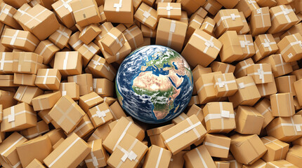 Planet Earth, drowning in a pile of parcel boxes, symbolizes the rapid development of international logistics and global trade
