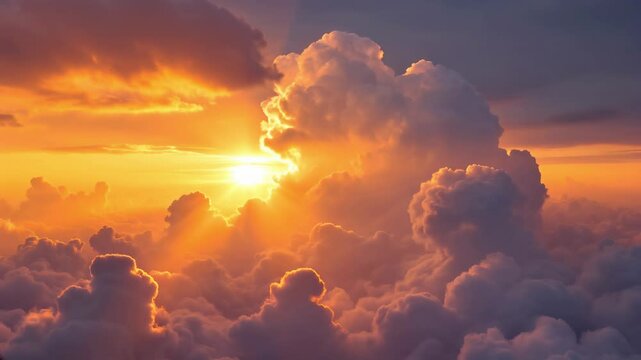 Majestic sky view above clouds during a vibrant sunrise. Aerial time lapse of moving fluffy clouds in sunset sky . Golden hour sun rays beam through majestic cloudscape. Sky background video footage