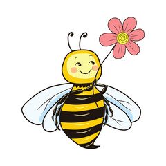 Cartoon bee on a white background. Children's drawing. Element for design in postcards, print, fabric, wallpaper and much more.
