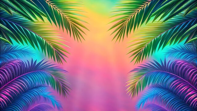 Vibrant tropical palm leaves frame a colorful background.