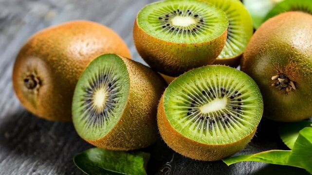 Fresh kiwi fruits sliced in half with vibrant green flesh and black seeds on a rustic wooden surface