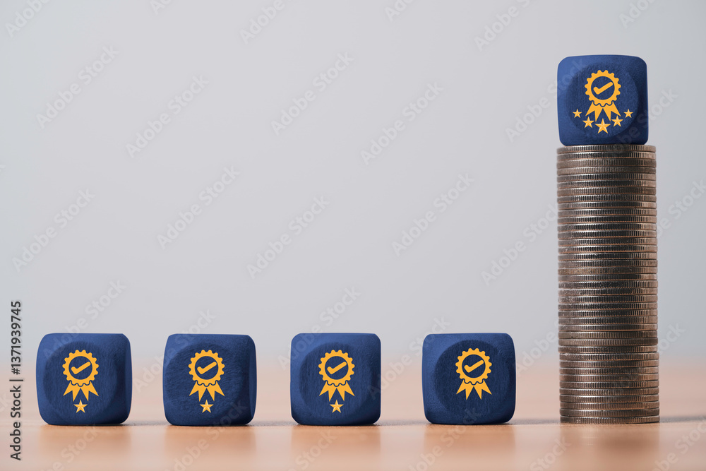 Poster the best quality with five stars on the top of highest coins stacking among the worst quality with o