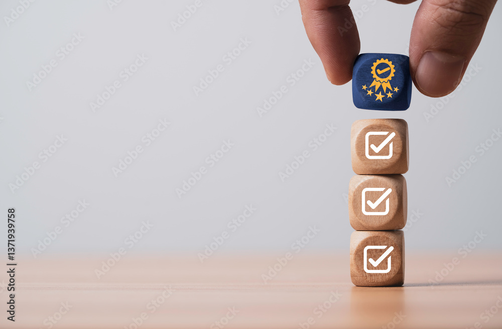 Poster hand putting the best quality assurance with golden five stars on correct sign mark for guarantee pr