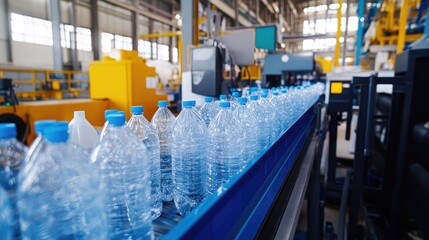 Naklejka premium Plastic water bottles being molded and transported along a conveyor.