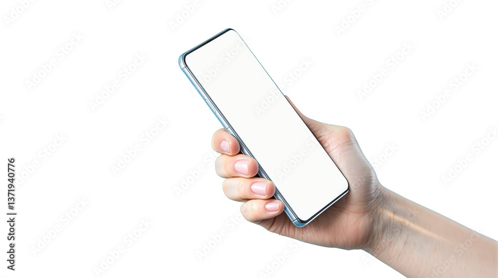 Poster hand holding a modern smartphone with blank screen, isolated style on white background, concept of m