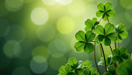 Lucky Four-Leaf Clover on Blurred Green Background with Bokeh Lights &ndash; St. Patrick's Day Shamrock Symbol for Cards, Invitations, Banners, Social Media, and Print Designs