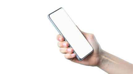 Hand holding a modern smartphone with blank screen, isolated style on white background, concept of mockup for template or app design. Ai generative