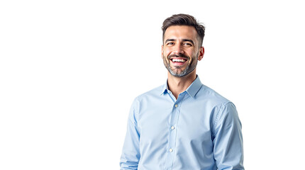 Happy man wearing light blue shirt smiling confidently, isolated style on white background, concept of positivity and professional image. Ai generative