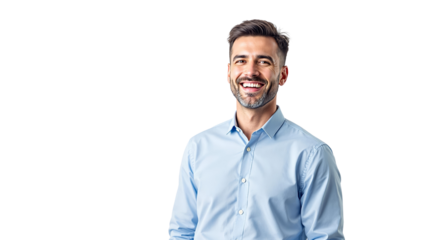 Happy man wearing light blue shirt smiling confidently, isolated style on white background, concept of positivity and professional image. Ai generative